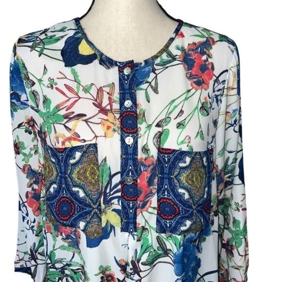 Bohemian Floral Tunic Dress With Blue Paisley Details & Button Front  M/L - Picture 4 of 10